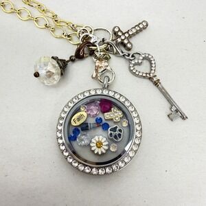 Origami Owl Living Locket Necklace Mixed Metal Faith Cross Heart Key Charms